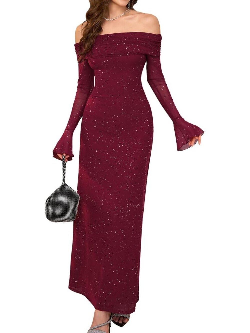 Women's Sequin Wine Off Shoulder Long Sleeve Formal Wedding Guest Maxi Dresses